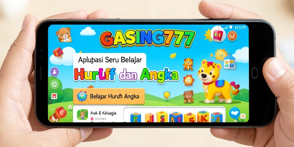 Antarmuka GASING777 yang ceria dan edukatif untuk belajar huruf dan angka.